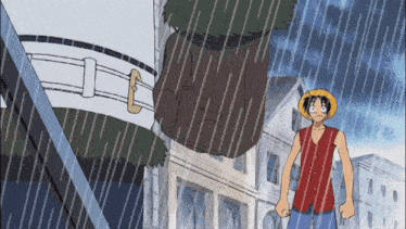a man in a red shirt and straw hat stands in the rain with a belt that has the letter e on it