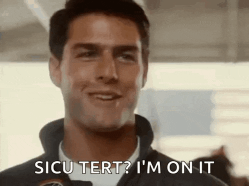 a close up of a man 's face with the words `` sicu tert ? i 'm on it '' on it .