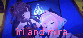 two anime girls are laying next to each other with the words " iri and mira " written above them