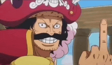 a cartoon character is wearing a pirate hat and mustache and giving the middle finger .
