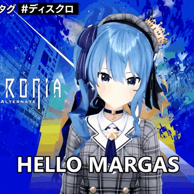 a blue haired anime girl with the words hello margas written below her