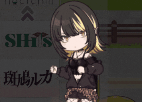 a girl with black hair and yellow highlights is standing in front of a sign that says sh's