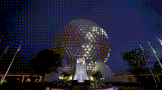 a large building with a fountain in front of it that says epcot