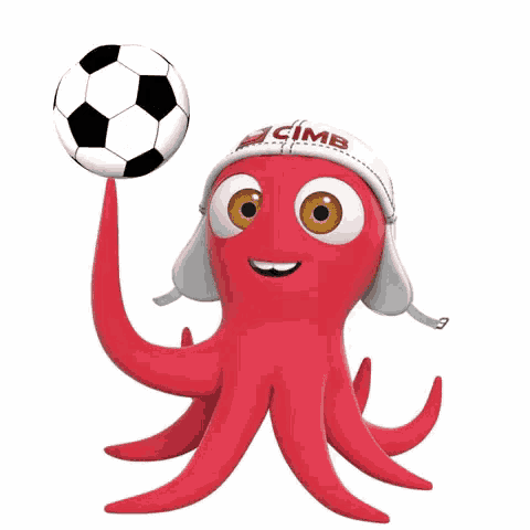 an octopus wearing a cimb hat is holding a soccer ball .
