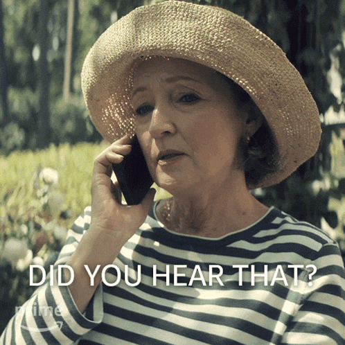 a woman wearing a striped shirt and a straw hat is talking on a cell phone with the words did you hear that
