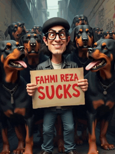 a man holding a sign that says fahmi reza sucks