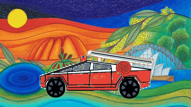 a drawing of a red car with the letter c.r. on the side
