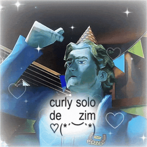 a statue of a man with a party hat and the words curly solo de zim