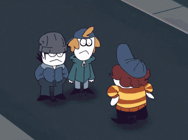 three cartoon characters standing on a sidewalk with one wearing a striped shirt