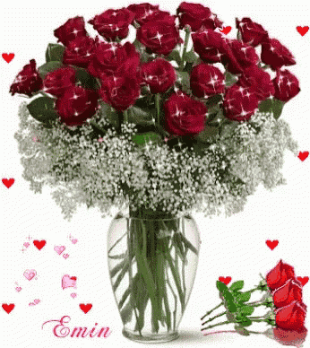 a vase filled with red roses and baby 's breath is surrounded by hearts and the name emin