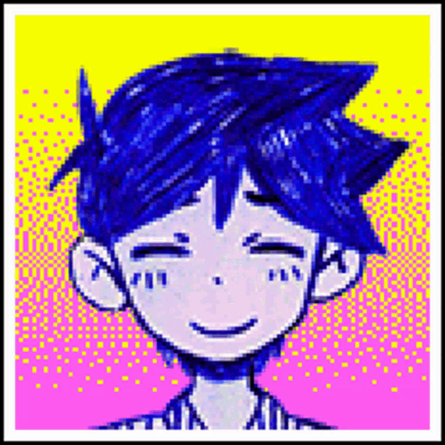 a pixel art drawing of a boy with blue hair smiling