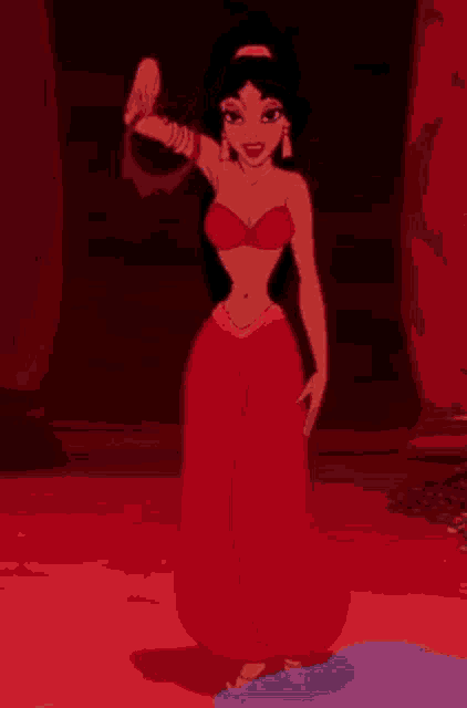 jasmine from disney 's aladdin is wearing a red bra and pants and standing with her hands on her hips .