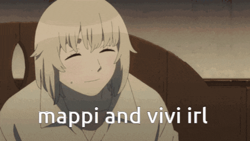a picture of a girl with the words mappi and vivi irl written below her
