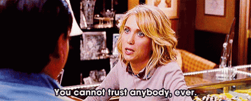 a woman is talking to a man in a store and says `` you cannot trust anybody , ever . ''
