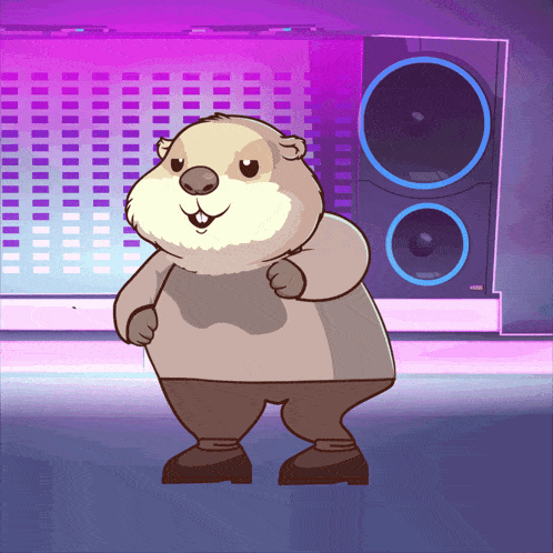 a cartoon illustration of a beaver dancing in front of a speaker