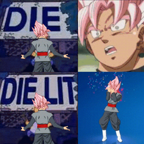 a cartoon character with pink hair is standing in front of a sign that says die lit