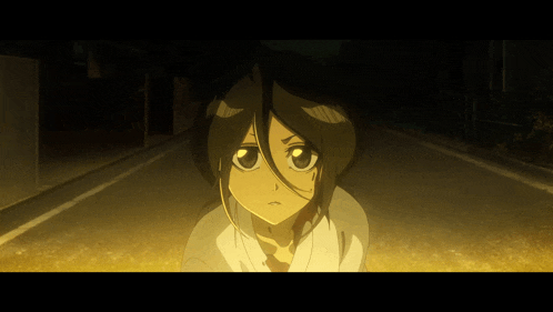 a cartoon character is standing in the dark with a yellow light behind her