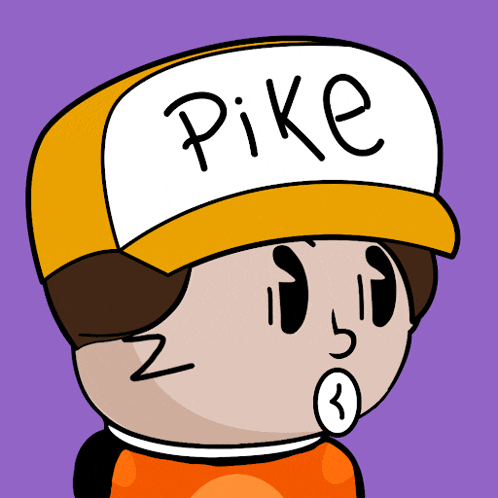 a cartoon character wearing a yellow hat with the word pike on it