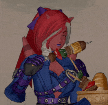 a woman with red hair and a purple belt is holding a skewer