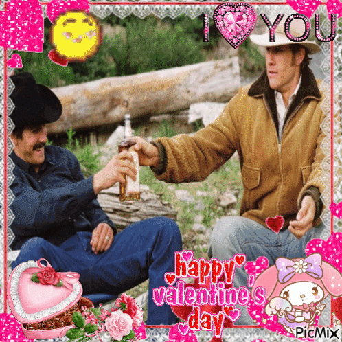 a valentine 's day greeting with two cowboys toasting