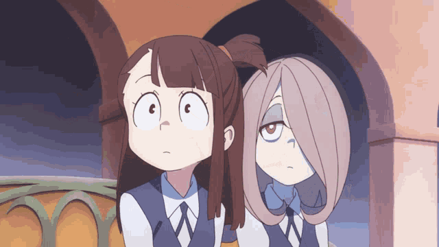 two anime girls are looking up with their eyes wide open