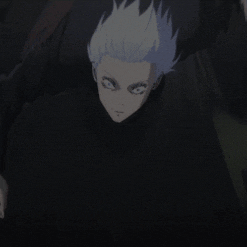 a cartoon character with white hair and blue eyes looks at the camera