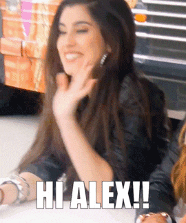 a woman is smiling and waving her hand with the words hi alex written below her