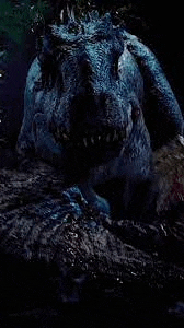 a blue dinosaur is standing on top of a rock .