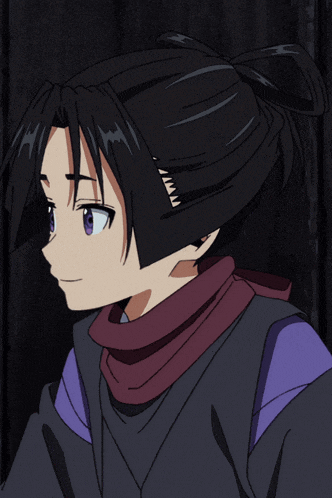 a cartoon character with black hair and a purple scarf