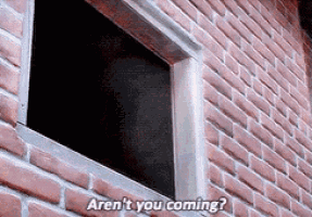 a brick wall with a window and the words " aren 't you coming " written on it