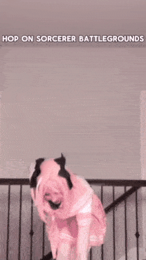 a person in a pink dress is standing on a staircase with a caption that says `` hop on sorcerer battleground ''