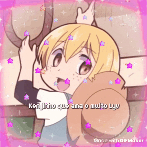 a cartoon of a girl with the words kenjinho que ama o muito lyv written on it