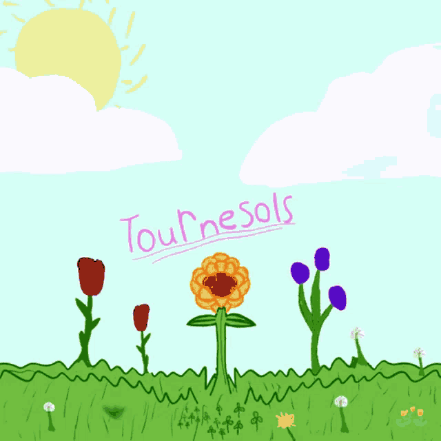 a drawing of flowers with the words " tournesols " written in pink