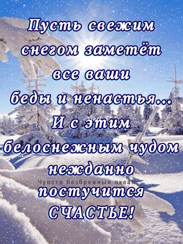 a snowy scene with the words " пусть свежим снегом заметет все ваши беды и ненастья "