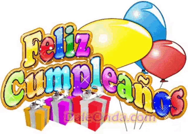 a feliz cumpleanos sign with balloons and gift boxes