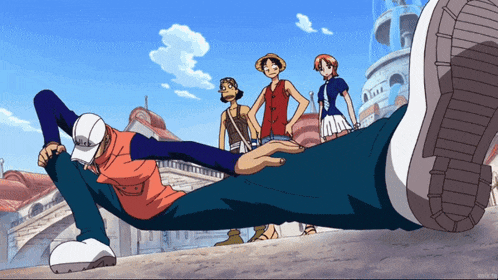 a group of anime characters including luffy and nami are standing around a man 's leg