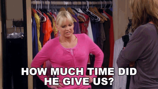 a woman in a pink sweater stands in front of a closet with the words " how much time did he give us "
