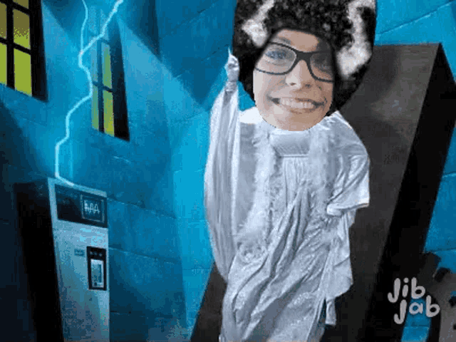 a cartoon of a woman in a ghost costume with jib jab in the corner