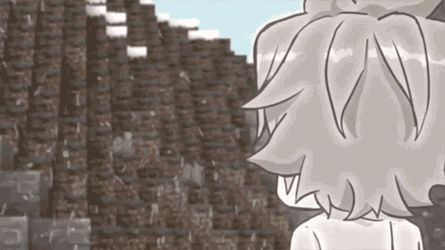 a black and white drawing of a person standing in front of a brick wall .
