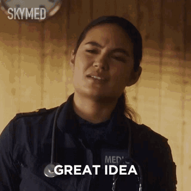 a woman with a stethoscope around her neck has the words great idea above her