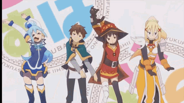 three anime characters are standing in front of a suba logo