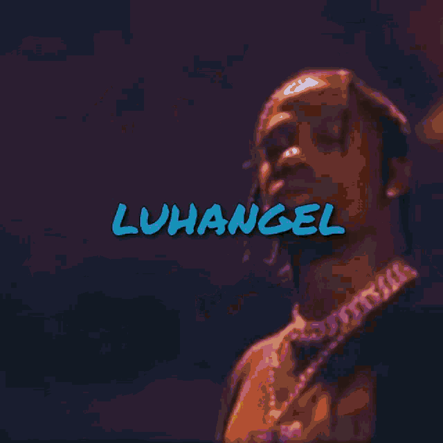 a man in a purple shirt with the word luhangel on it