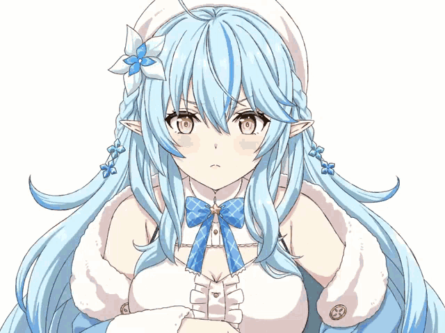 a girl with long blue hair and a blue flower on her head