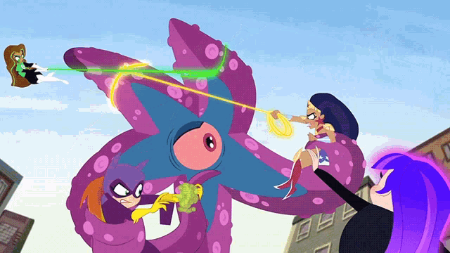 a group of cartoon characters fighting a purple octopus