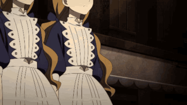 two anime girls are standing next to each other wearing blue and white dresses