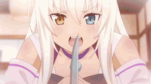 a girl with a bow tie is holding a knife in her hand
