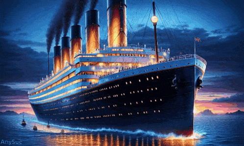 a painting of a titanic ship with the name anysuc on the bottom