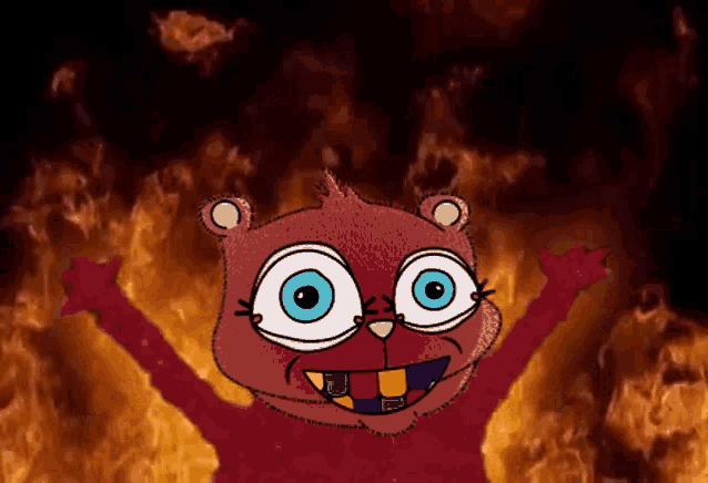 a cartoon drawing of a teddy bear with blue eyes standing in front of a fire