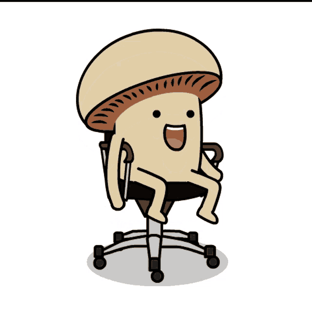 a cartoon illustration of a mushroom sitting on an office chair