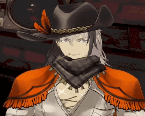 a man wearing a cowboy hat and a scarf looks at the camera